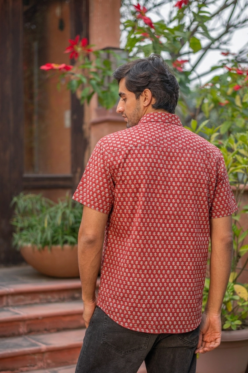 Xavier Shirt Half Sleeves : Block Print Geru Slub